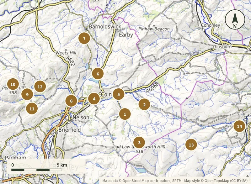 Map of Trawden, Colne, Pendle Hill and Haworth with numbered places